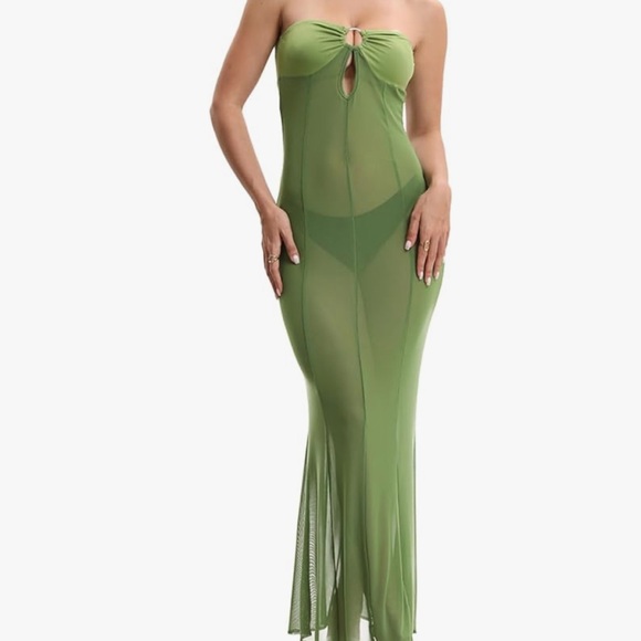 Long sheer green strapless dressduster Hollywood lingerie silhouette cover up